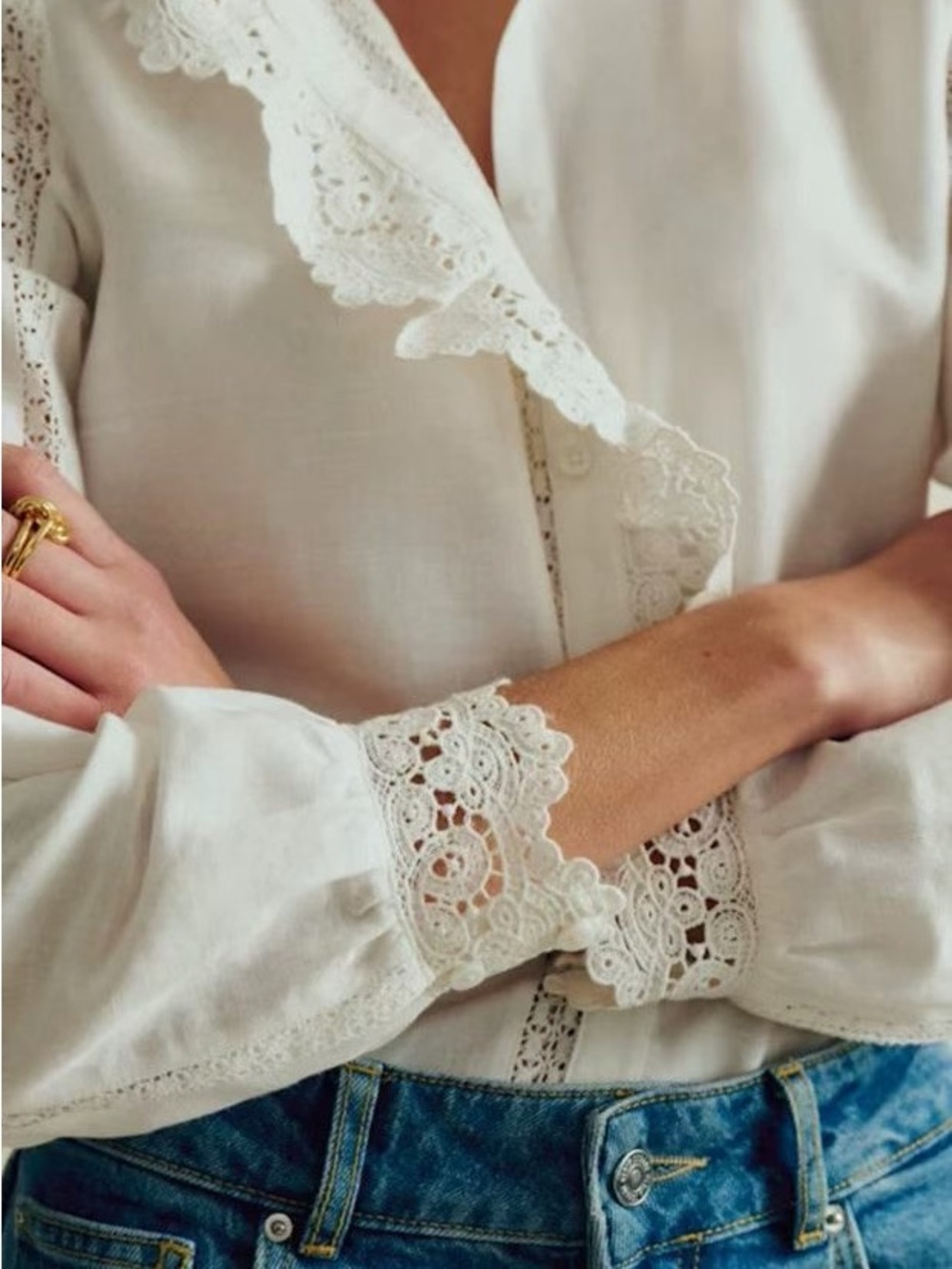 SEZANE CHLO SHIRT Lace-Trim Ruffled Blouse, S M L - Picture 4 of 12